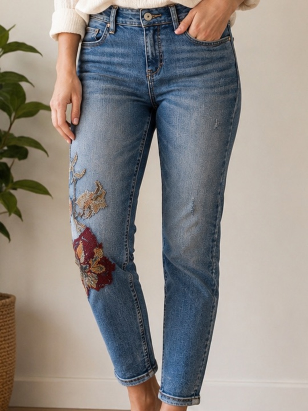 Pilcro Anthropologie Slim Boyfriend Embroidered Floral Jeans Size 26